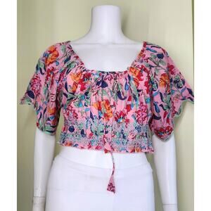 Cella & Flo Smocked Off Shoulder Floral Cropped Top Size Medium Multicolor Boho
